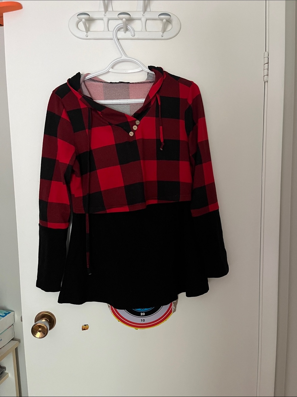 Women’s Red & Black Buffalo Plaid Long Sleeve Hooded Nursing Tee